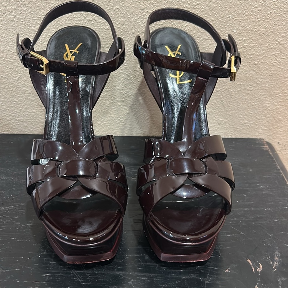 Yves Saint Laurent Burgundy Patent Leather T-Strap Platform Heels - Picture 4 of 13